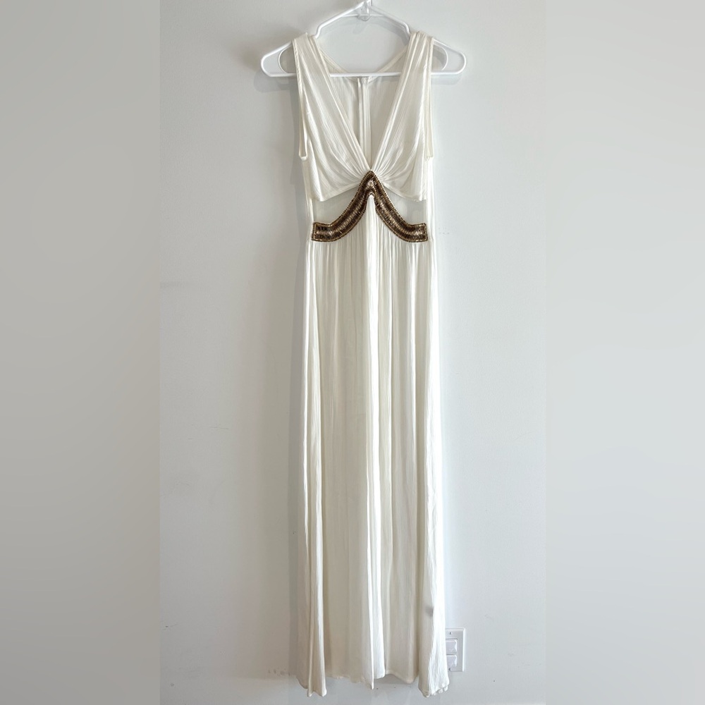 White Maxi Dress | Beaded Empire Waist Boho Bali Size S White and Gold